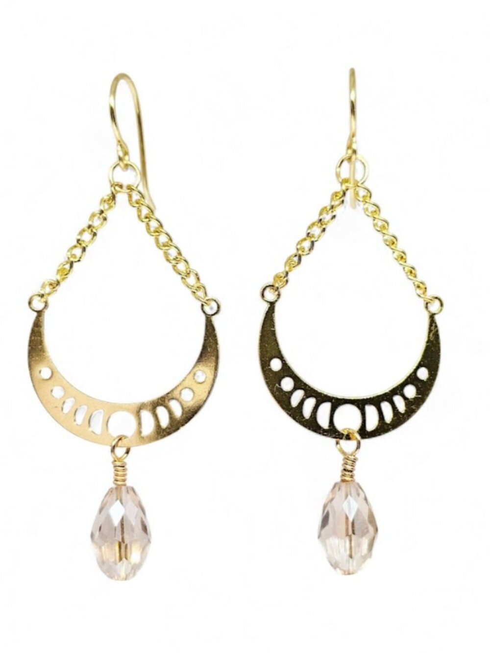 Gold-Tone Crescent Moon Dangle Earrings Crystal Drop Boho Celestial Handmade